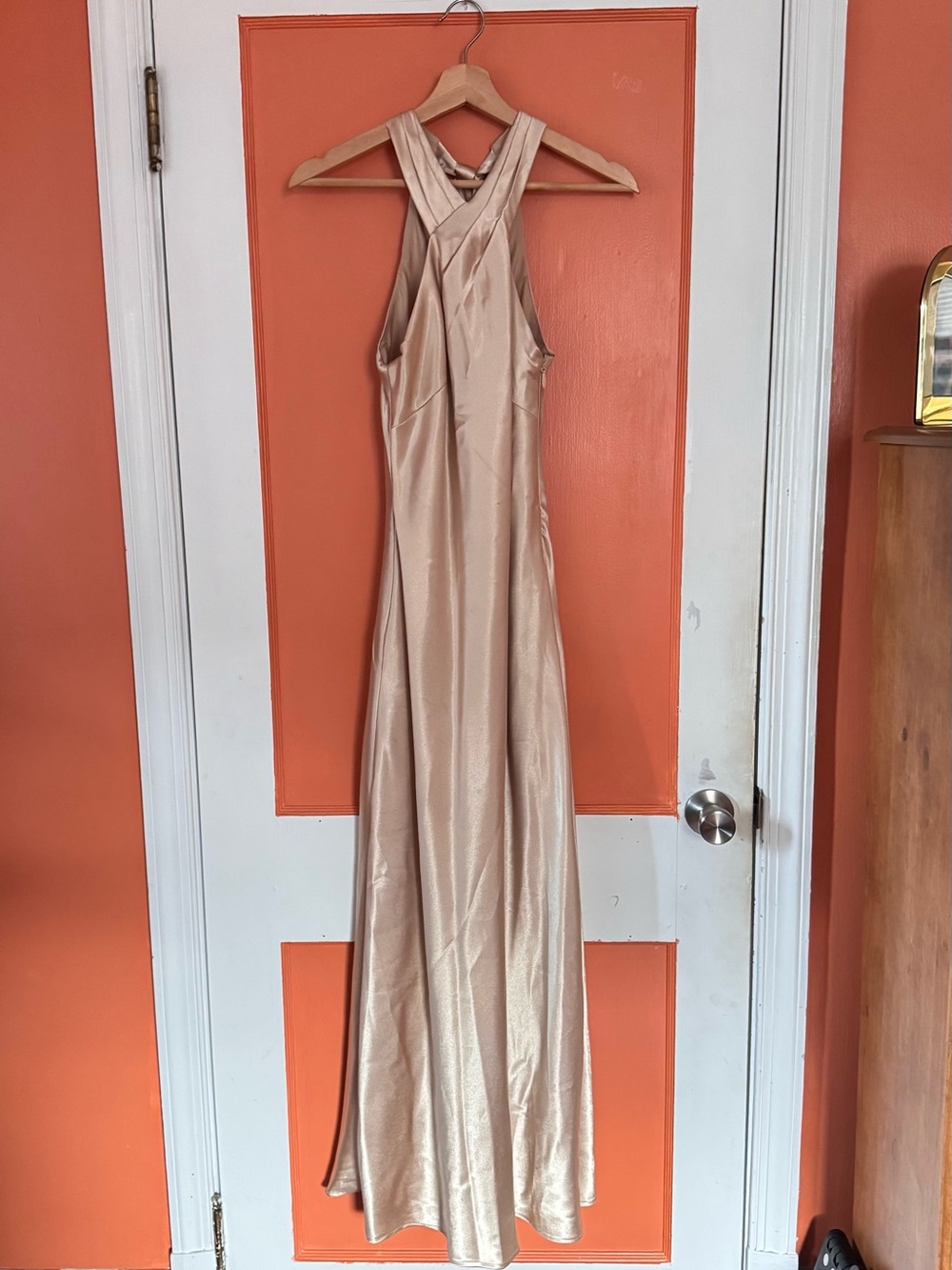 Azazie Champagne Satin Halter Maxi Dress